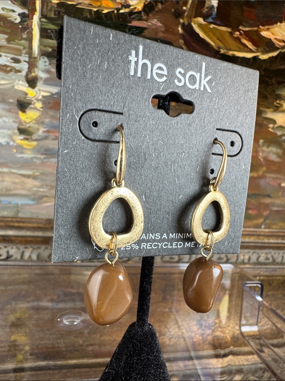 0633-the sak Gold and Brown Stone Drop Earrings